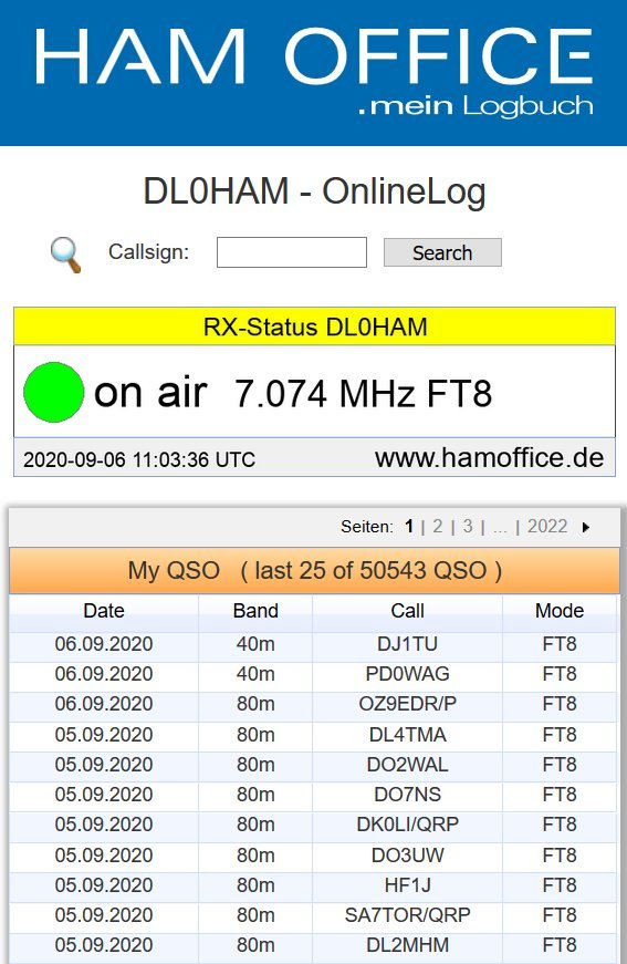 Webanzeige RX on air mit QSOs